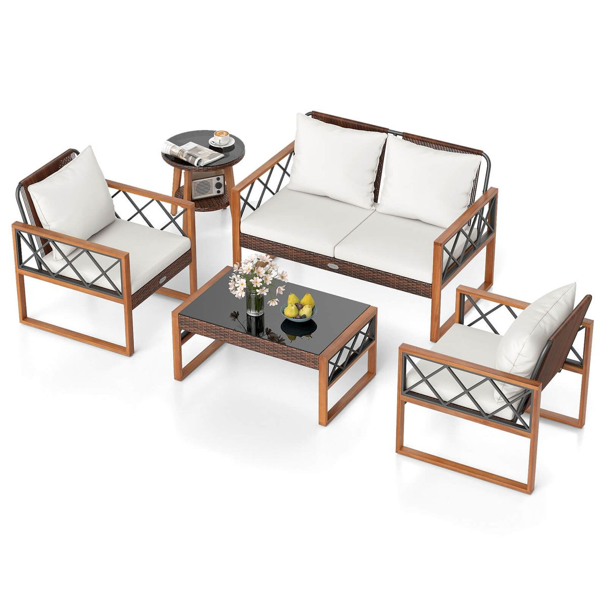 5-Piece PE Wicker Patio Furniture Set with Acacia Wood Frame product image