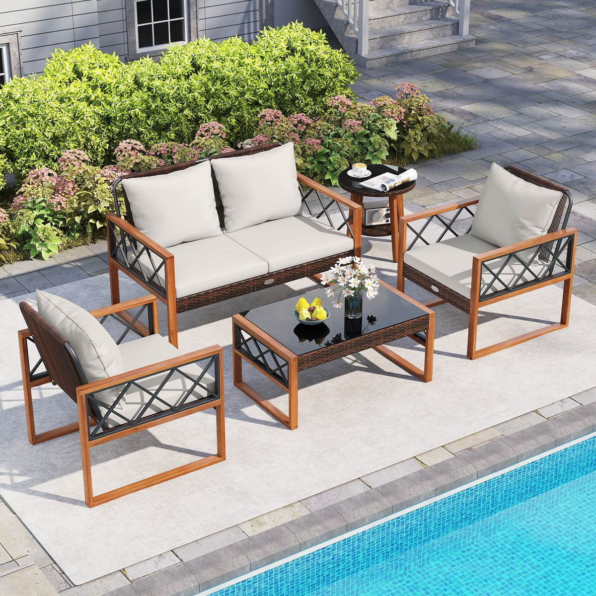 5-Piece PE Wicker Patio Furniture Set with Acacia Wood Frame product image