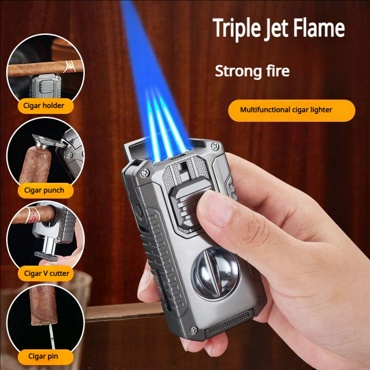 5-in-1 Windproof Metal Lighter with Cigar Cutter product image