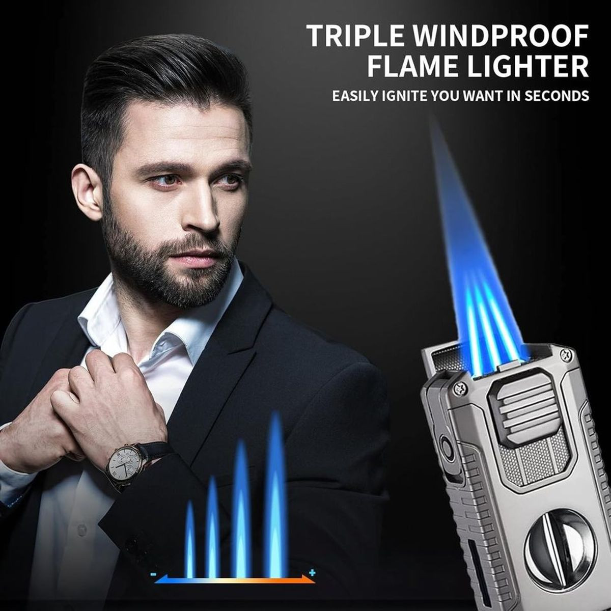 5-in-1 Windproof Metal Lighter with Cigar Cutter product image