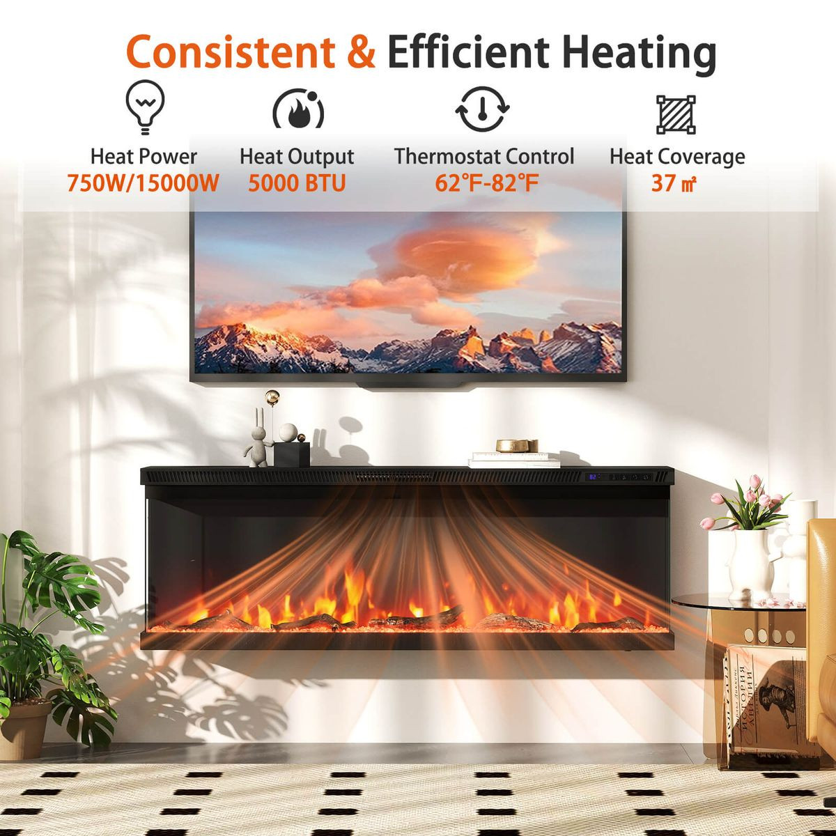50" 3-Sided Electric Fireplace with 12 Flame Colors product image