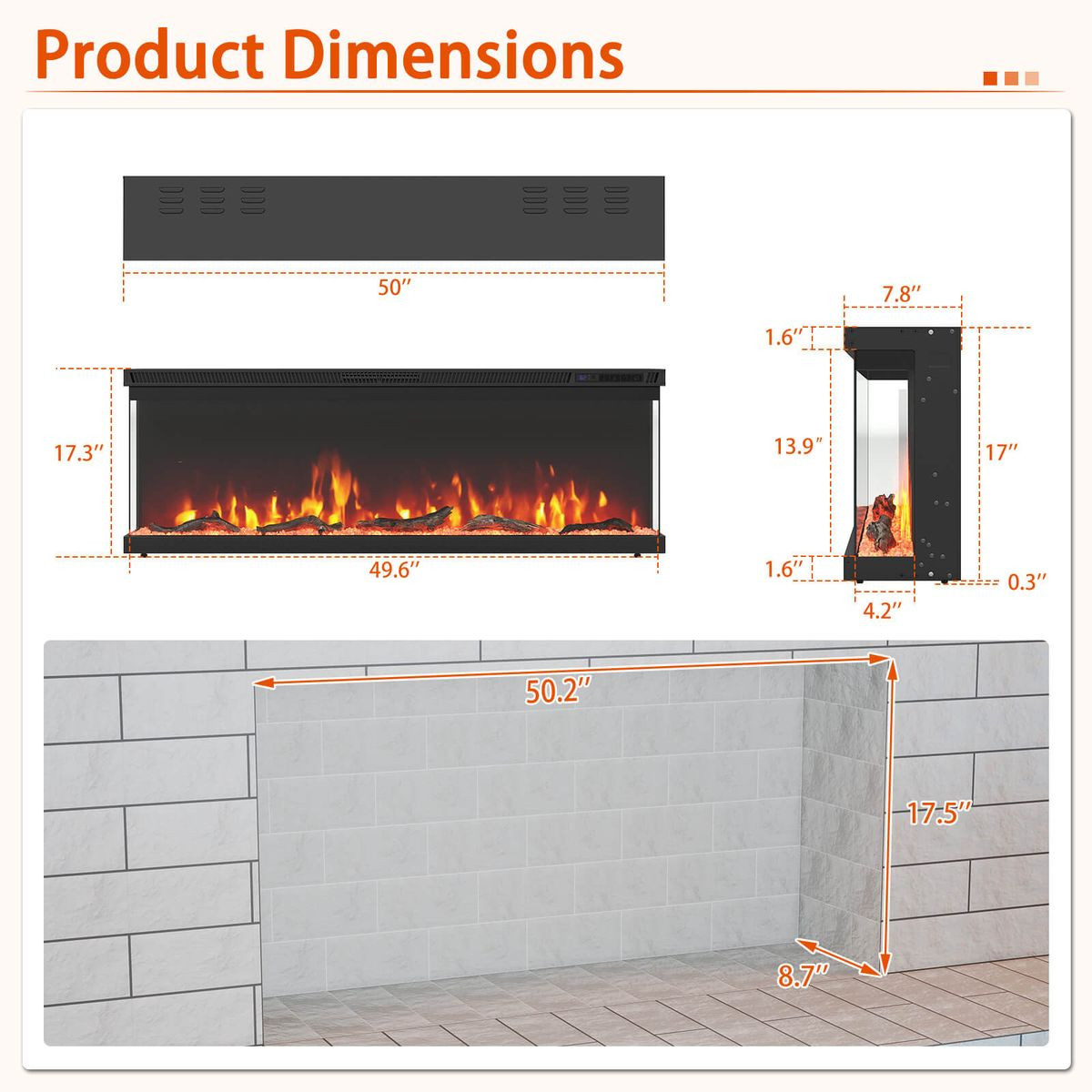 50" 3-Sided Electric Fireplace with 12 Flame Colors product image