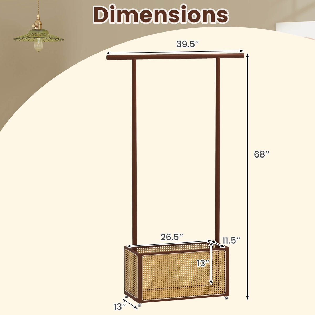 Bamboo Rolling Clothes Rack with Rattan Storage Basket product image