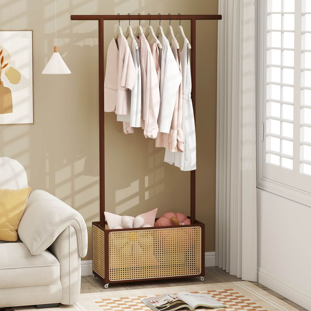 Bamboo Rolling Clothes Rack with Rattan Storage Basket product image