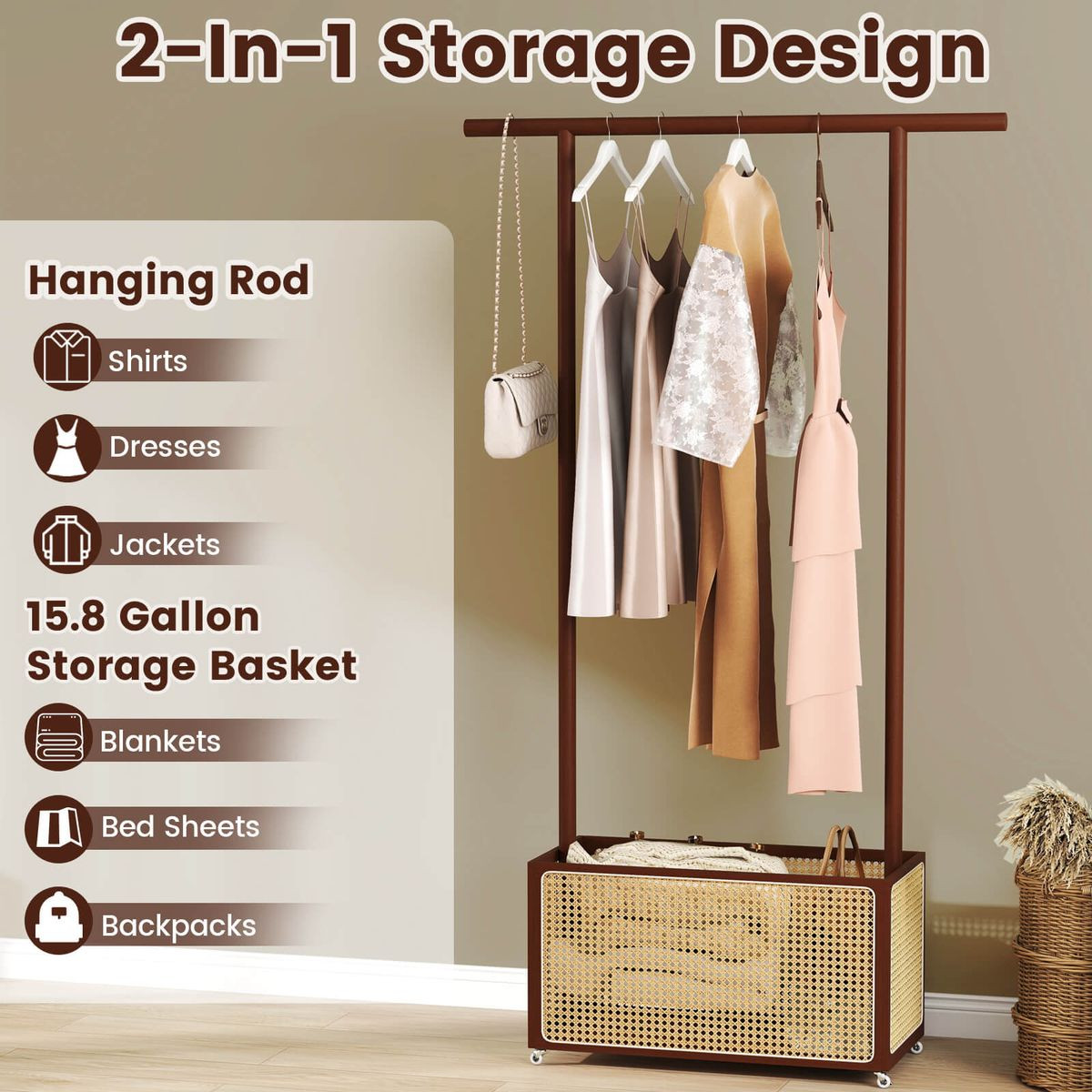 Bamboo Rolling Clothes Rack with Rattan Storage Basket product image