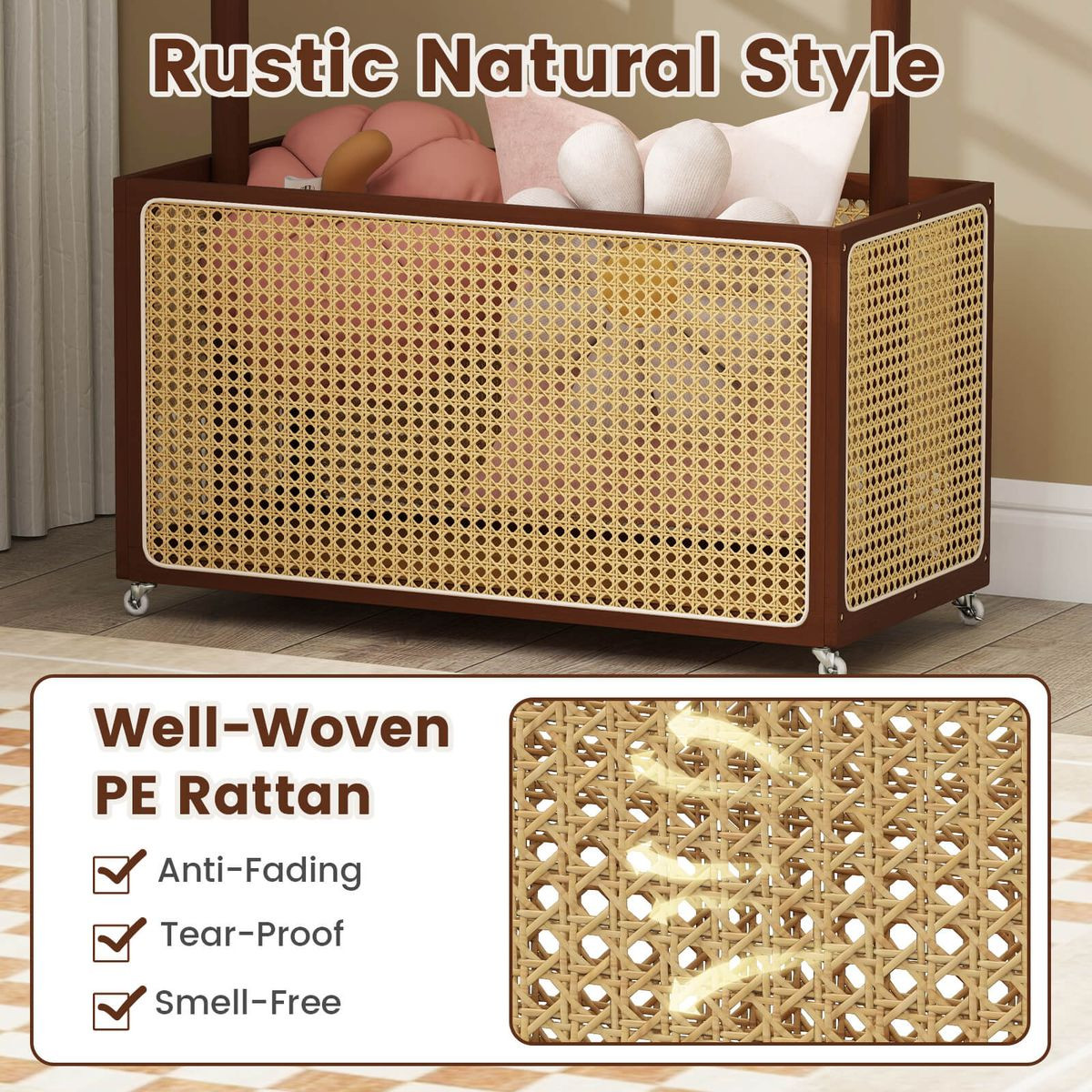 Bamboo Rolling Clothes Rack with Rattan Storage Basket product image