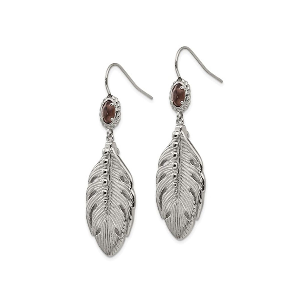 Stainless Steel Dangle Feather Earrings with Smoky Quartz product image