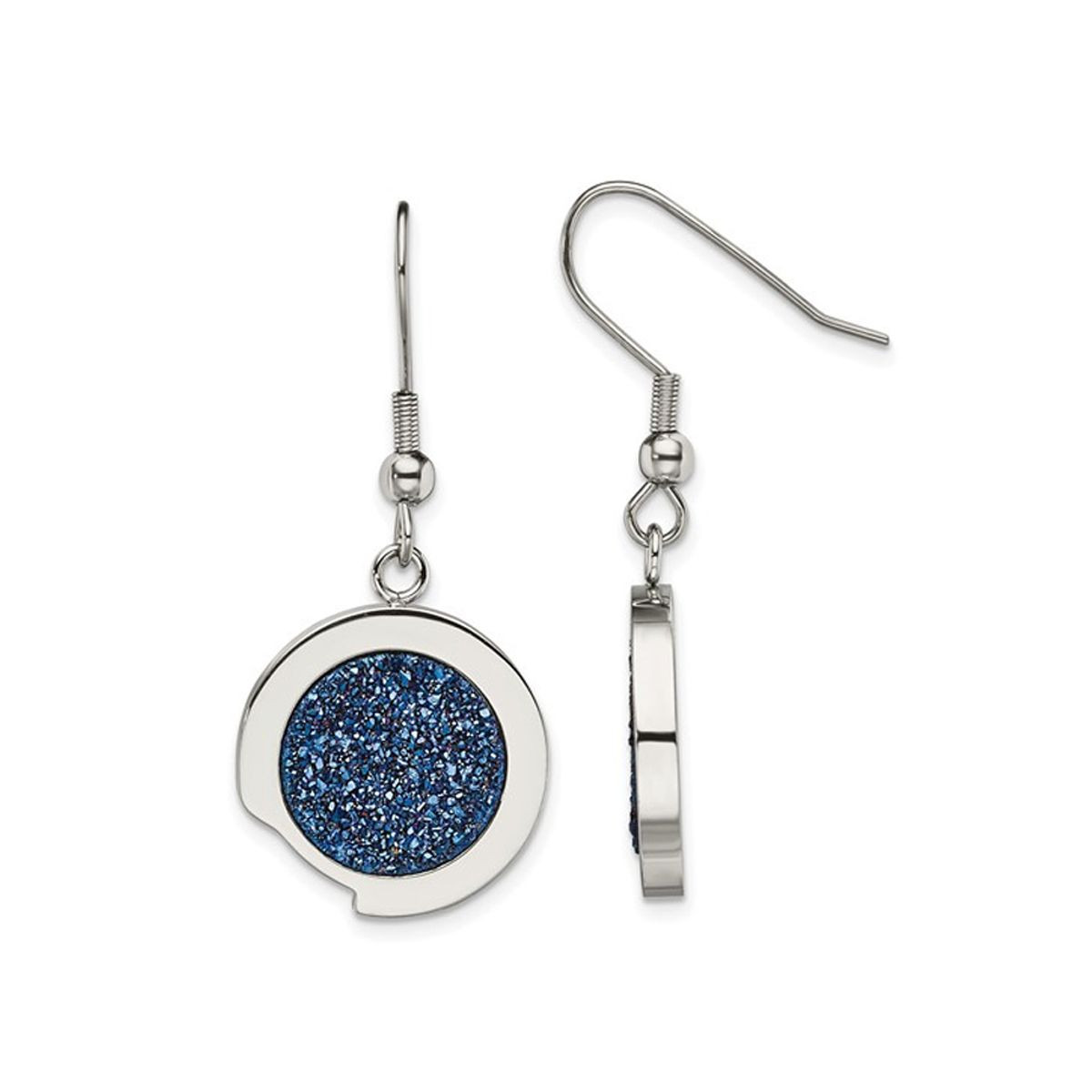 Blue Druzy Dangle Earrings in Polished Stainless Steel product image