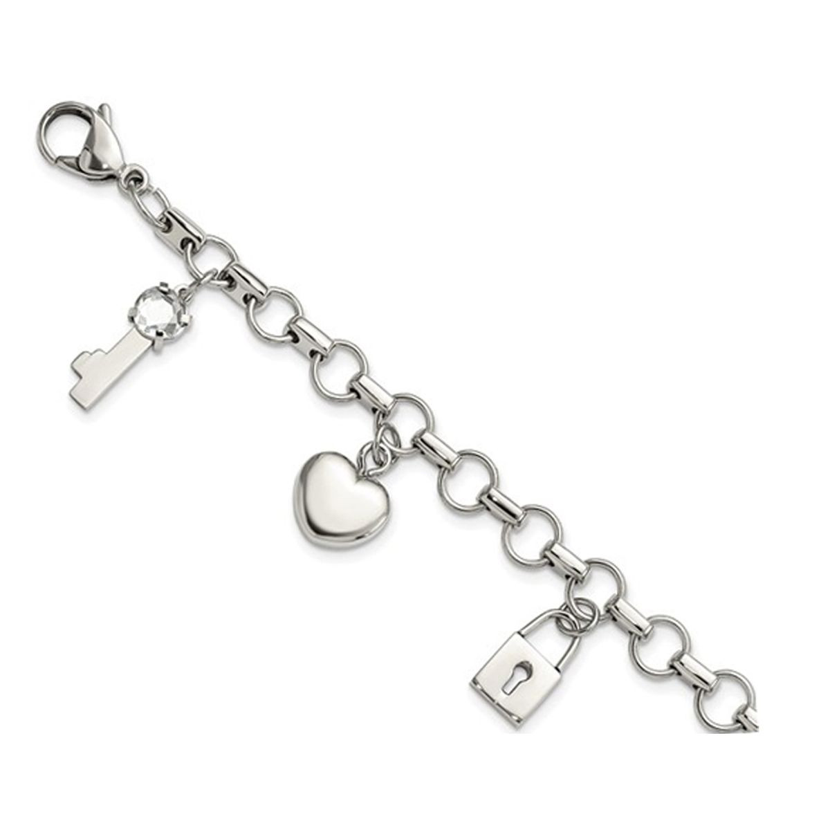 Stainless Steel Heart Lock and Key Charm Bracelet (8.5") product image