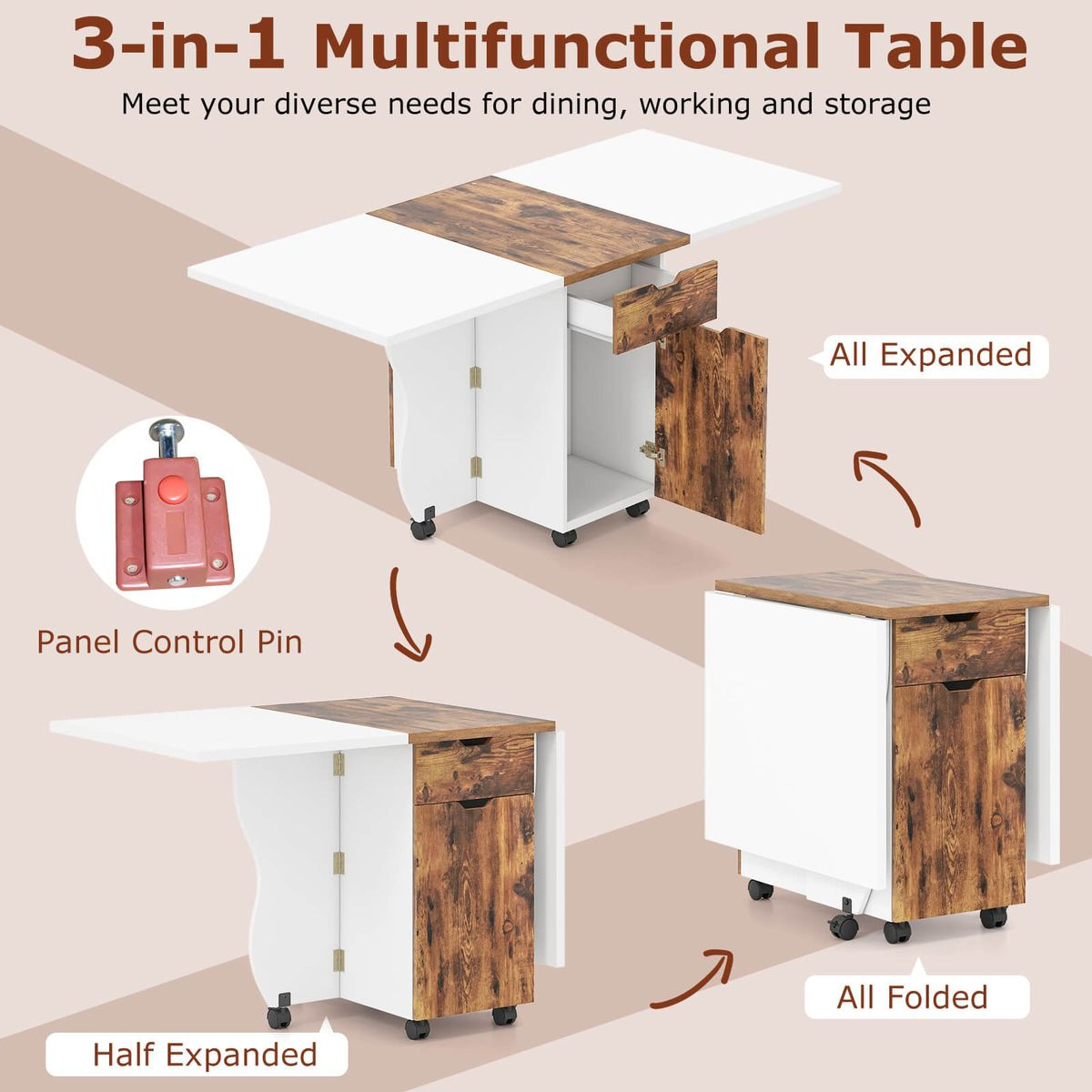 Foldable Rolling Dining Table with Drawers and Cabinets product image