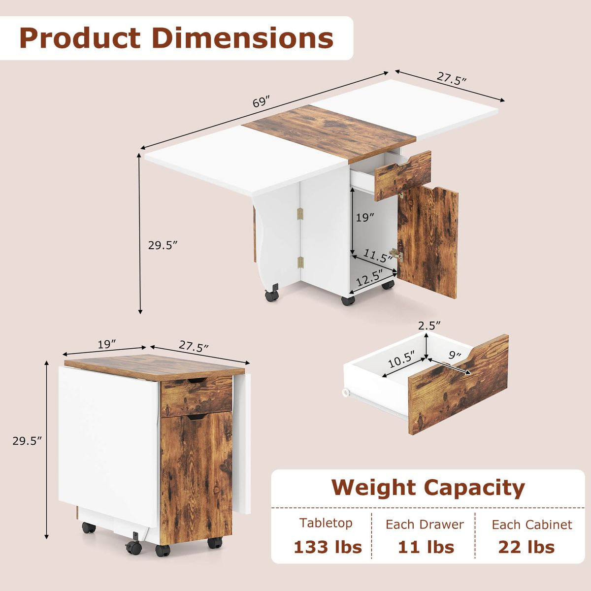 Foldable Rolling Dining Table with Drawers and Cabinets product image