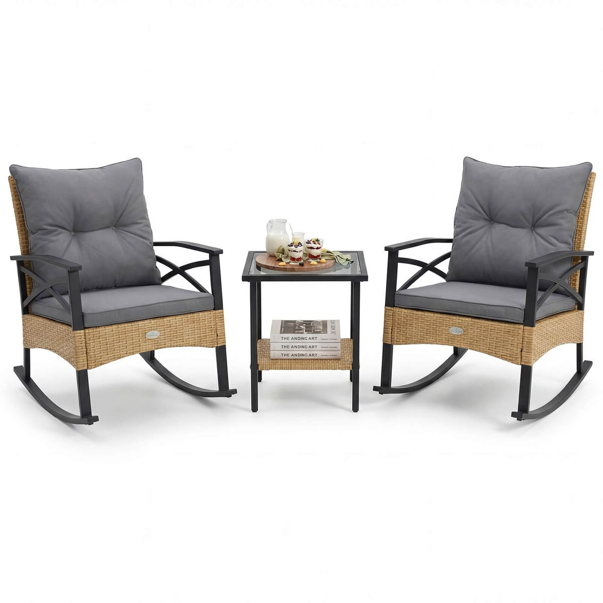 3-Piece Rattan Rocking Chair Set with 2-Tier Side Table product image