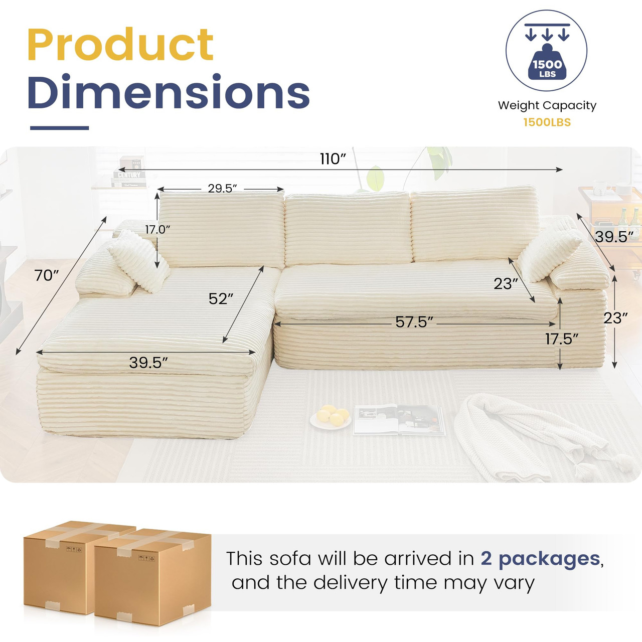 110" L-Shaped Modular Sectional Sofa with Fluffy Cushions product image