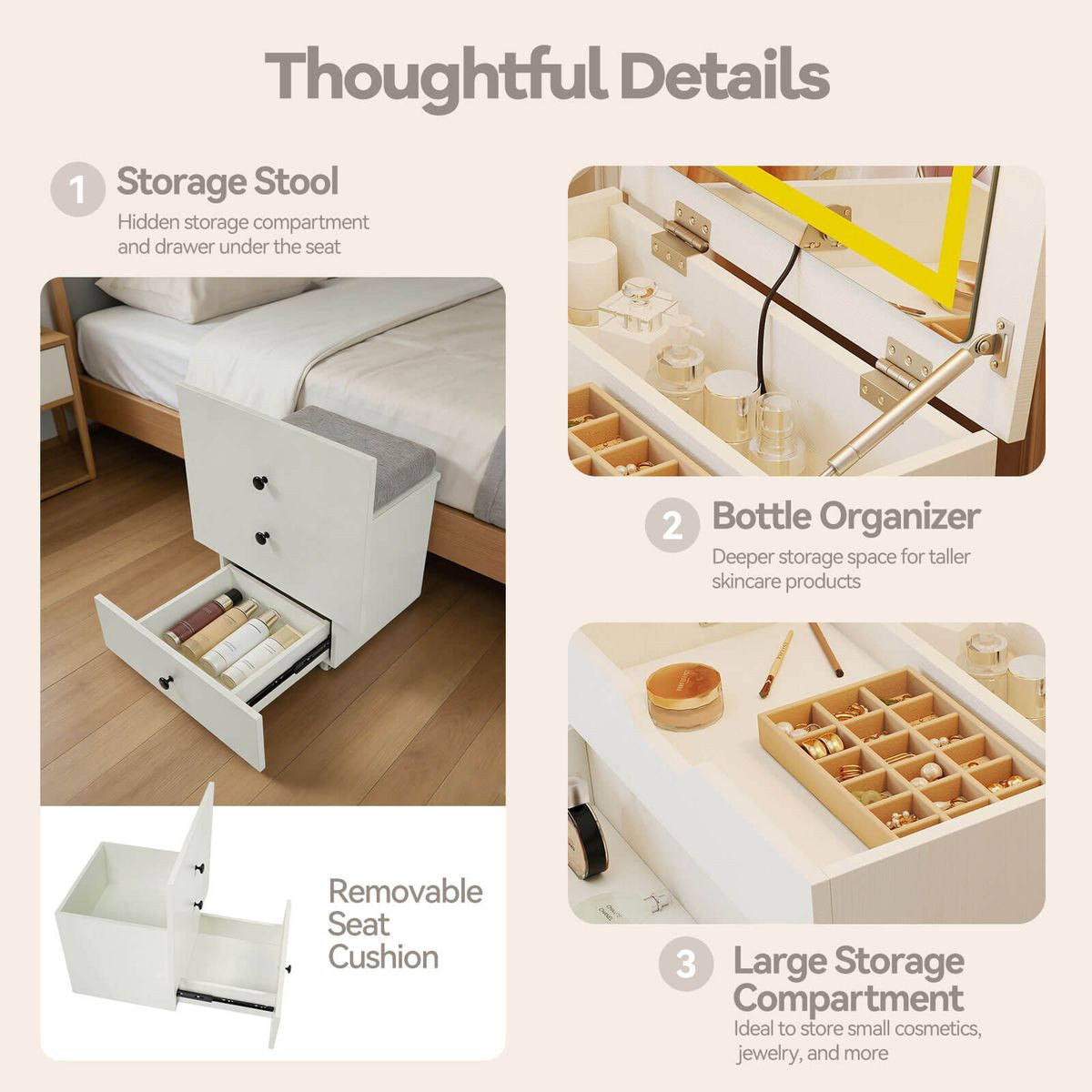 3-in-1 Small Vanity Desk Set with Flip-Top Mirror and Stool product image