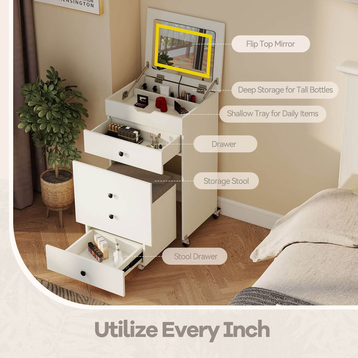 3-in-1 Small Vanity Desk Set with Flip-Top Mirror and Stool product image