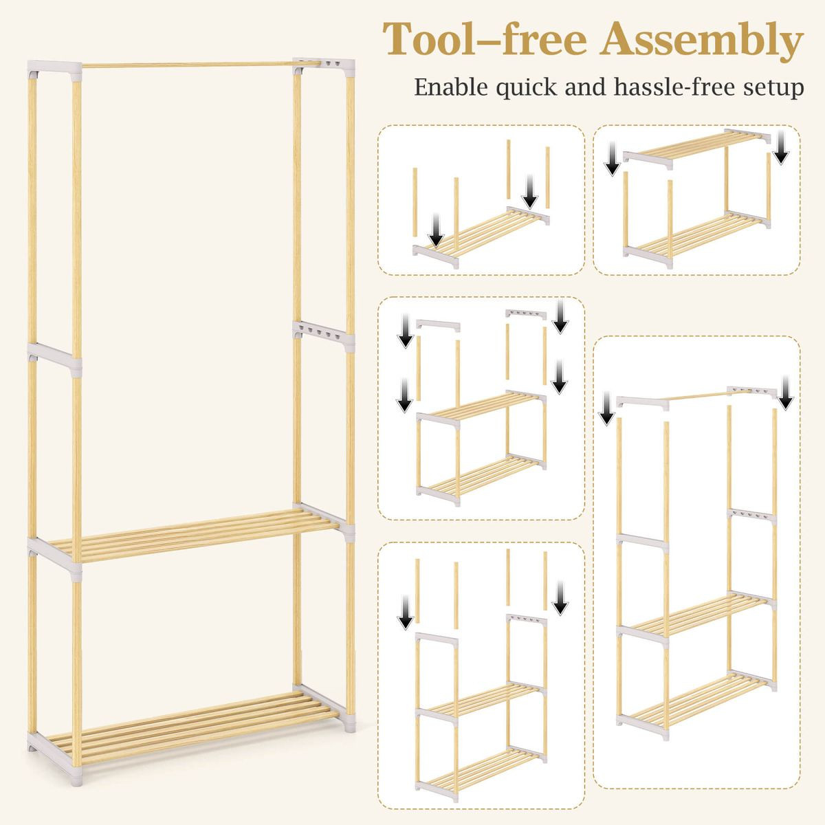 Pine Wood Clothes Rack with 2-Tier Open Storage Shelf product image