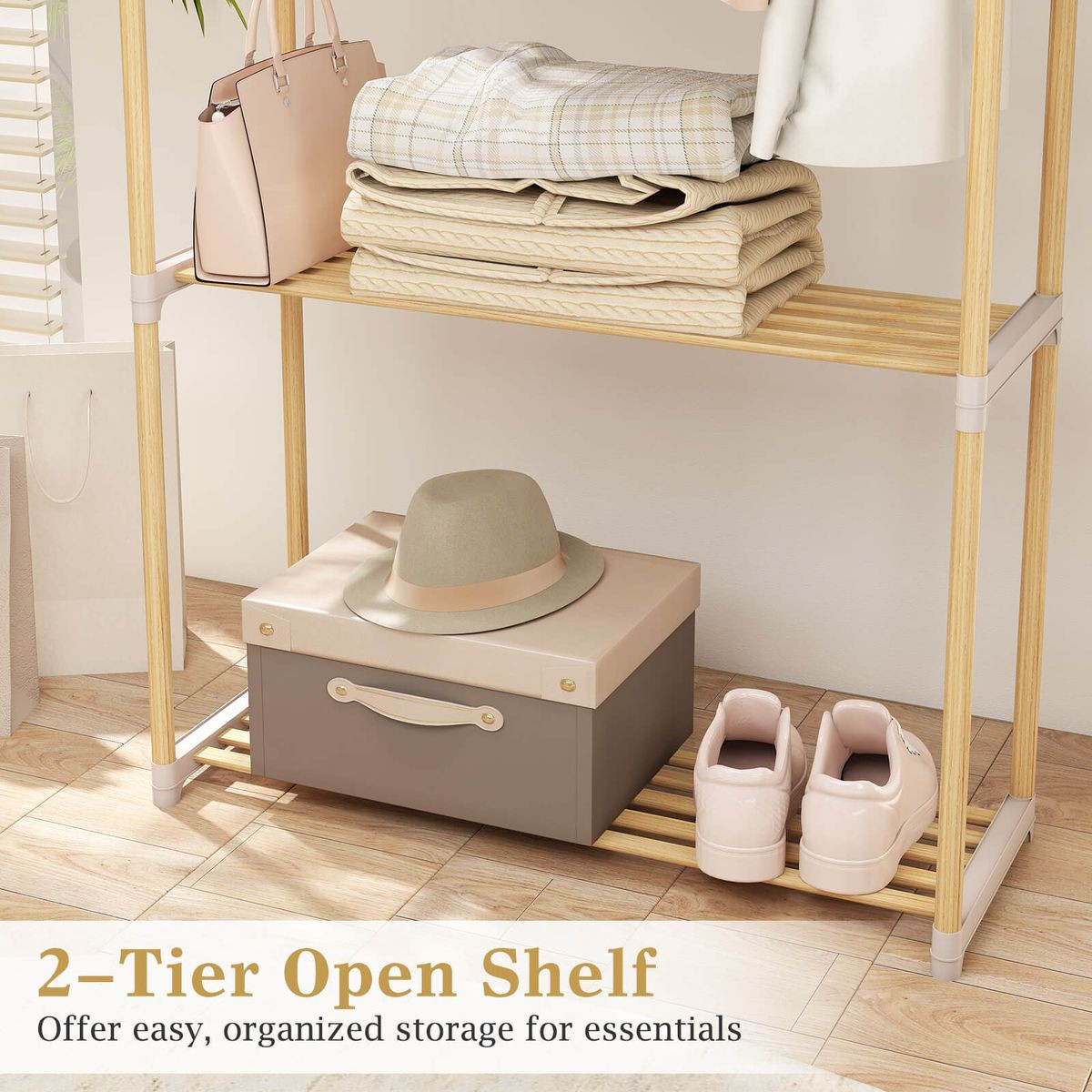Pine Wood Clothes Rack with 2-Tier Open Storage Shelf product image