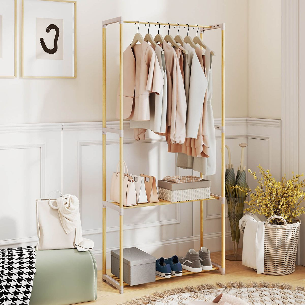 Pine Wood Clothes Rack with 2-Tier Open Storage Shelf product image