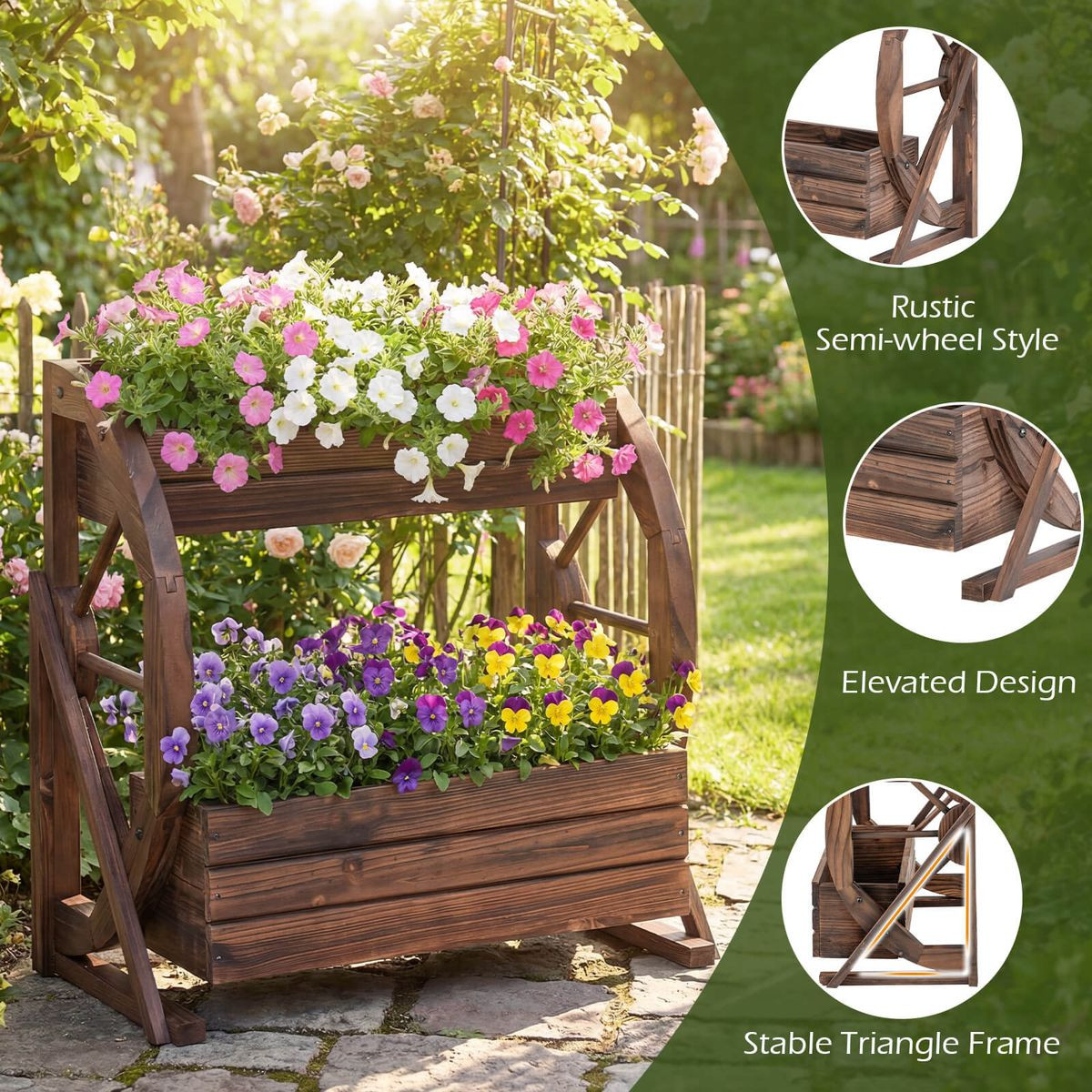 2-Tier Rustic Wood Wagon Planter with Drainage Hole product image