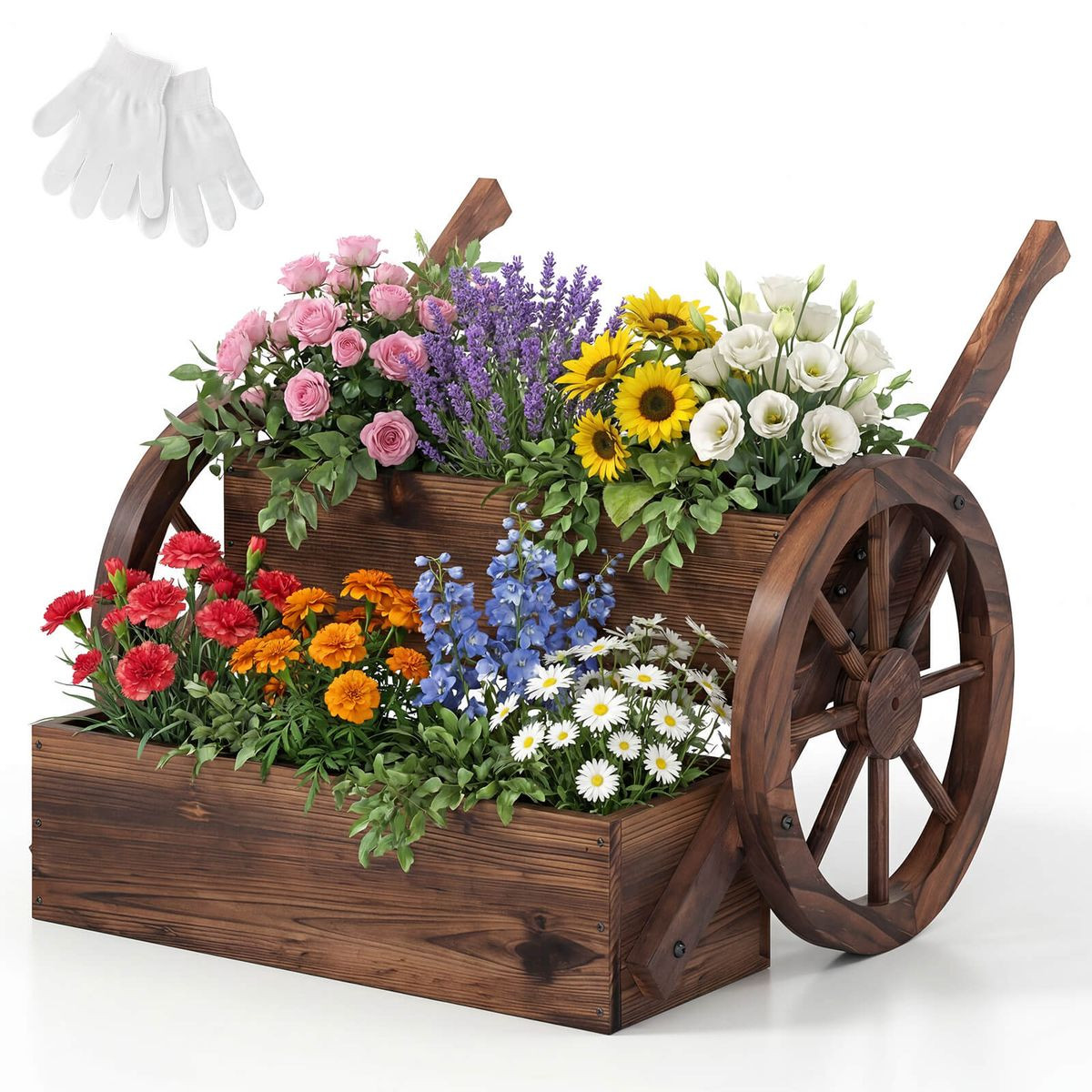 2-Tier Rustic Wood Wagon Planter with Wheels product image