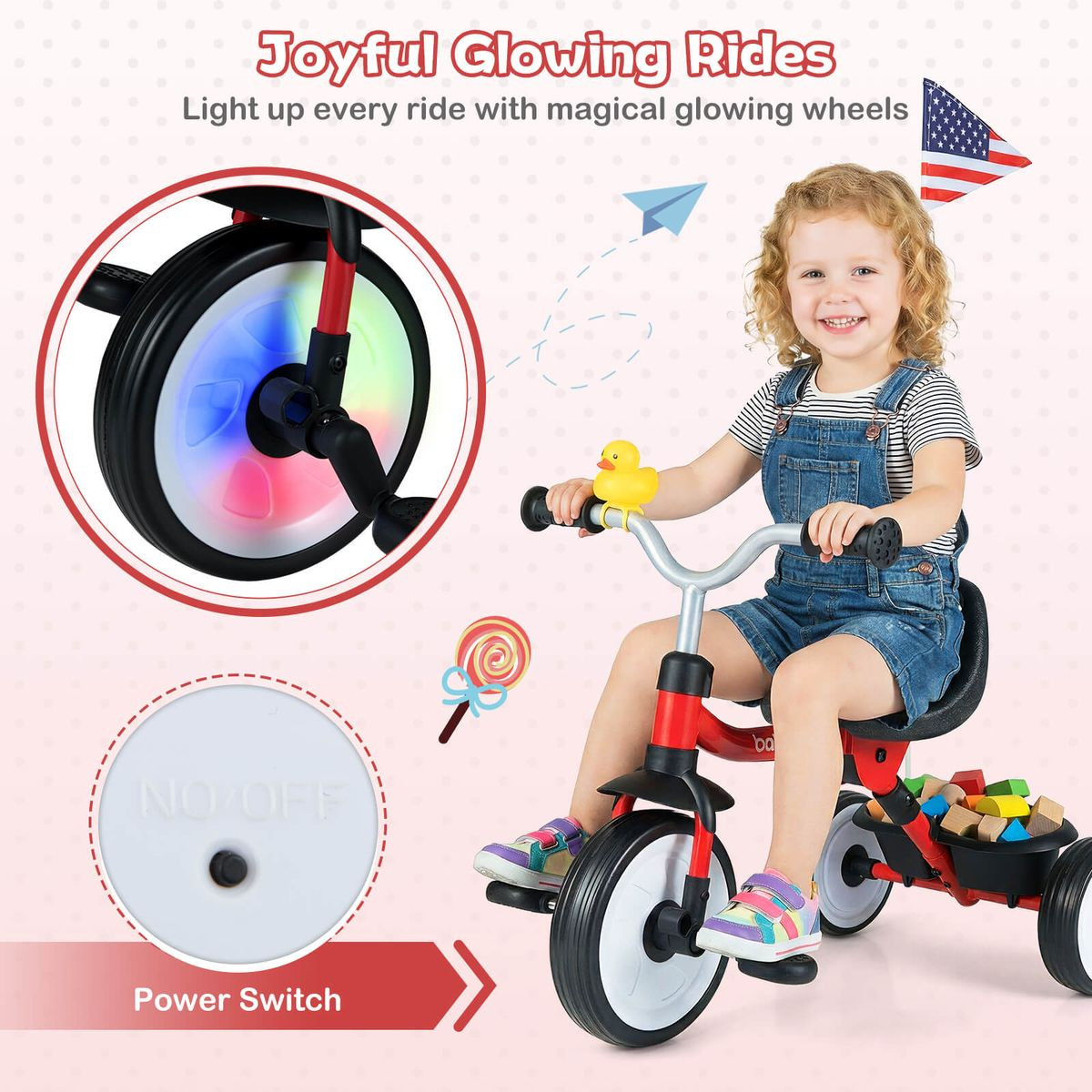 3-in-1 Kids Tricycle with Lighted Wheels and Basket product image
