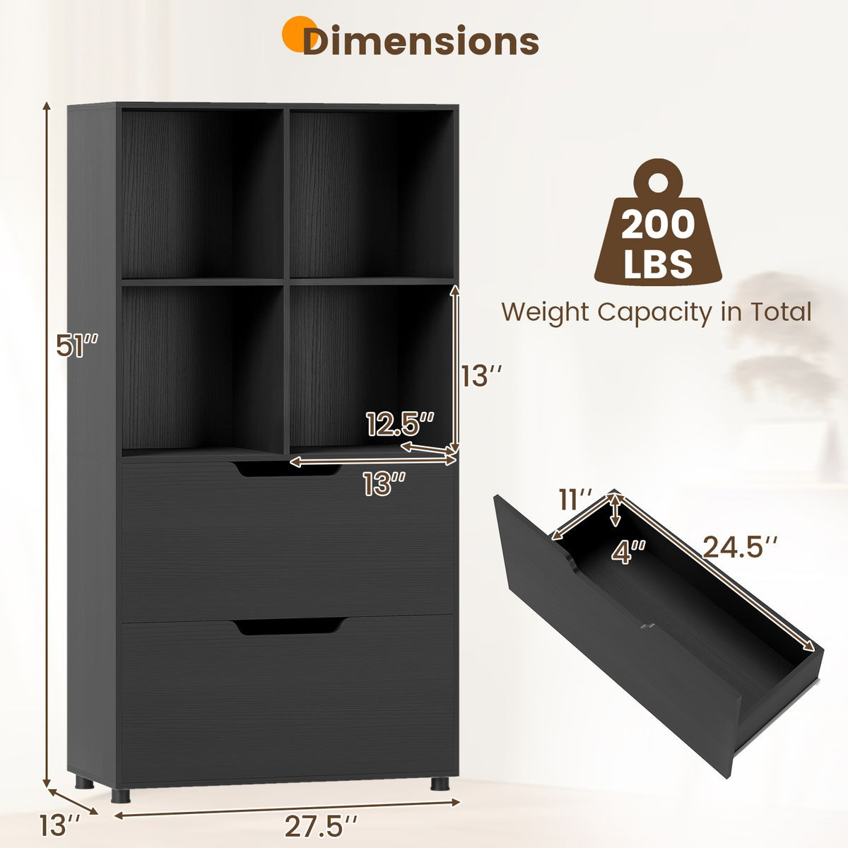 51” 5-Tier 4-Cube Bookcase with 2 Drawers product image