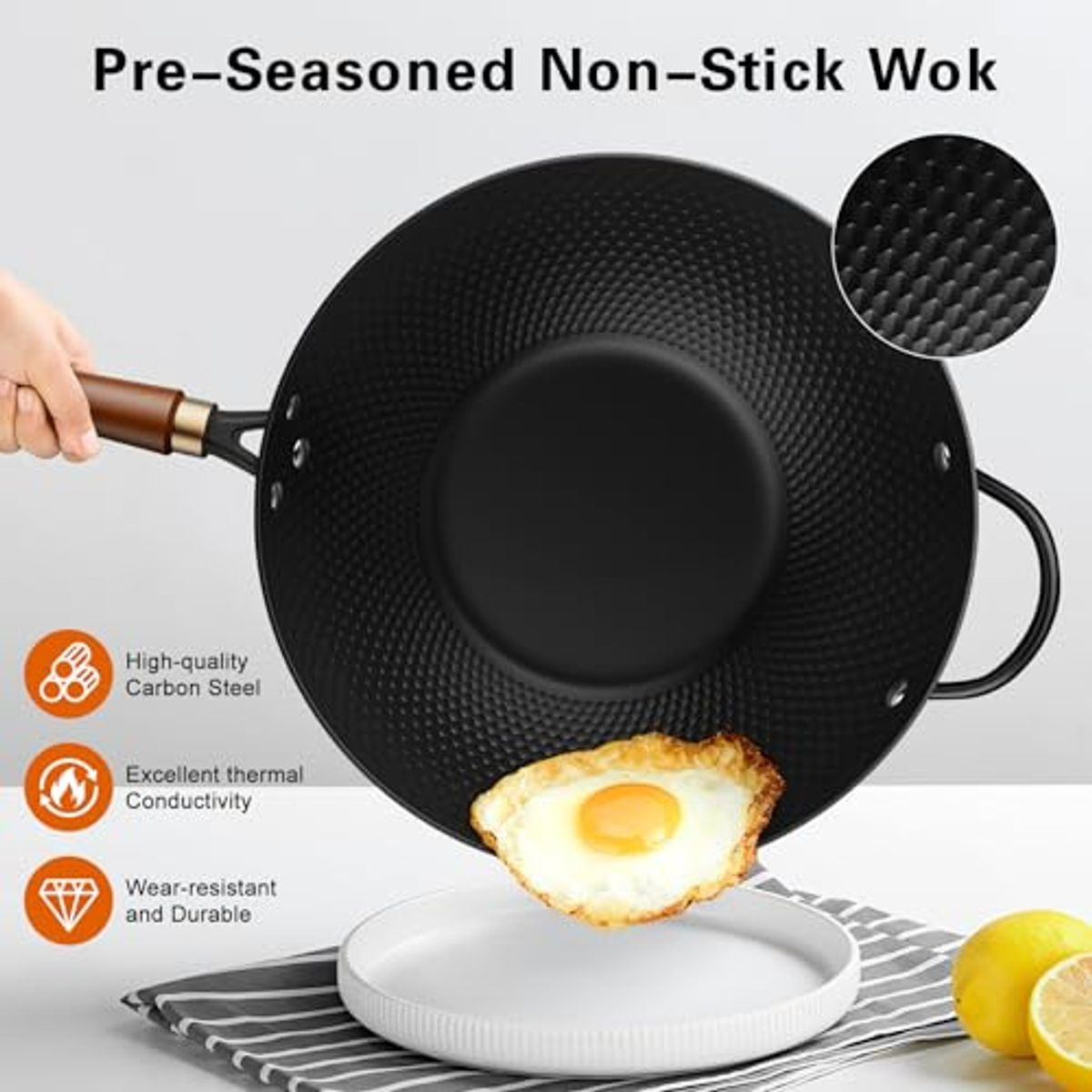 Todlabe Nonstick Carbon Steel Wok Pan with Glass Cover product image