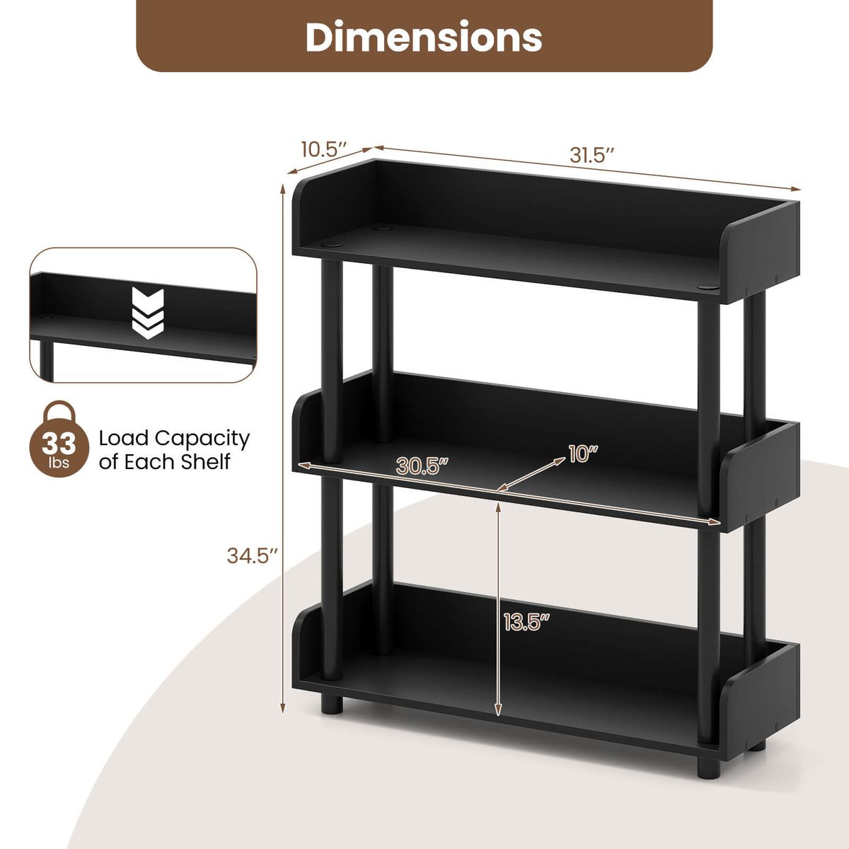 3-Tier Bookshelf with Anti-Tipping Kit and Guardrails product image