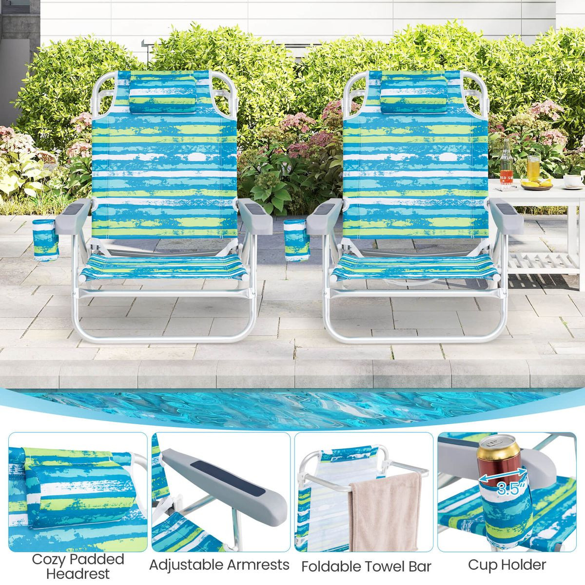 Folding Beach Chair with Cup Holder and Padded Headrest (2-Pack) product image