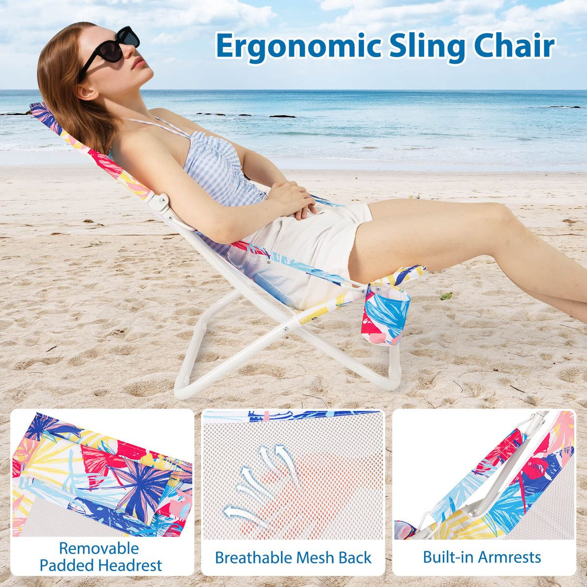 Folding Low Beach Chair with Removable Head Pillow (Set of 2) product image