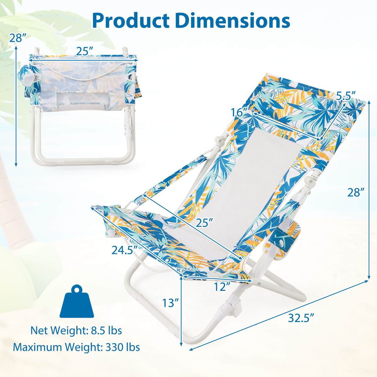 Folding Low Beach Chair with Removable Head Pillow (Set of 2) product image