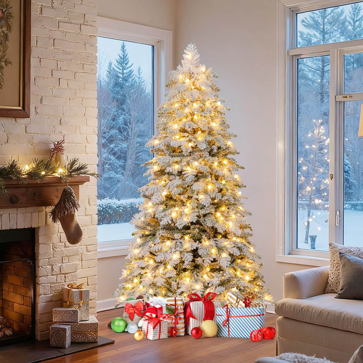 Snow-Flocked Artificial Christmas Tree with Warm White LED Lights product image