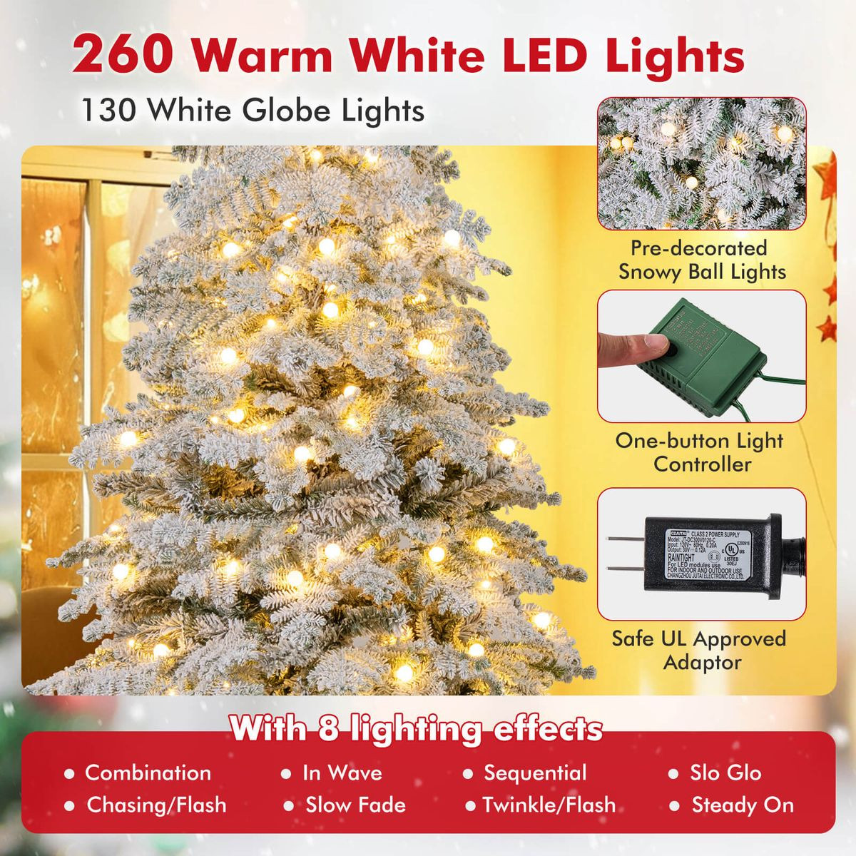Snow-Flocked Artificial Christmas Tree with Warm White LED Lights product image
