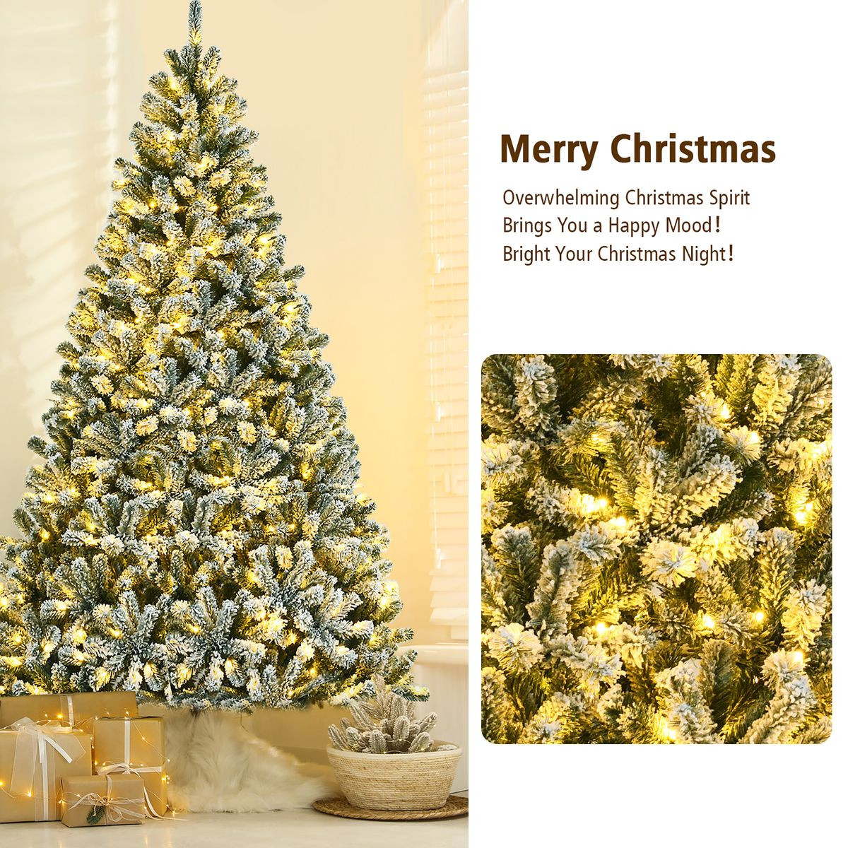 Pre-Lit Snow Flocked Hinged Christmas Tree with Metal Stand product image