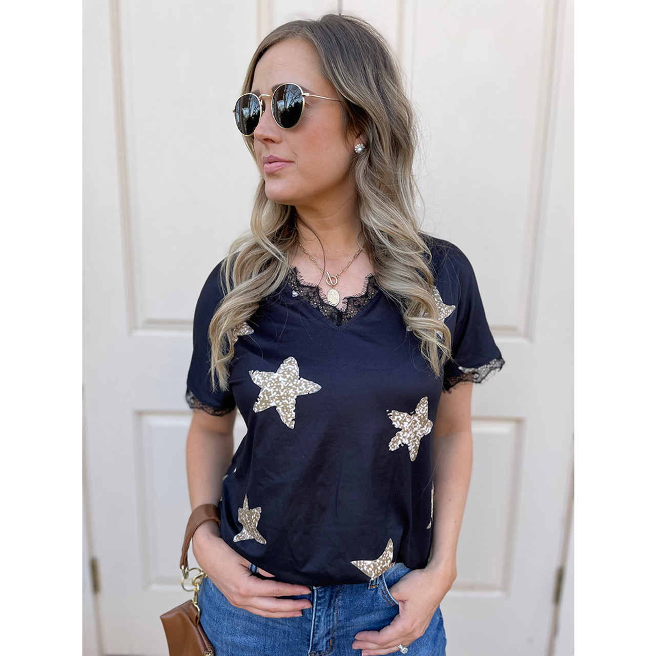 Haute Edition Women's Star Printed V-Neck Lace Trim Tee product image