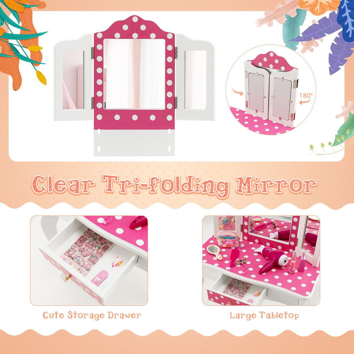 Kids Vanity Set  with Stool and Tri-Folding Mirror product image