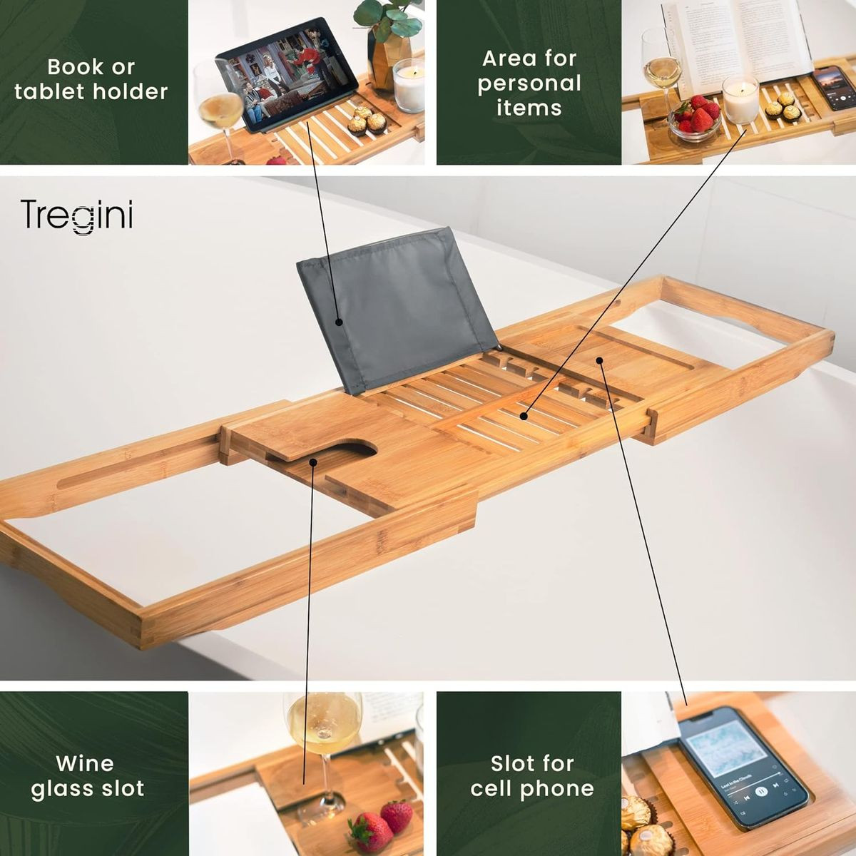 Tregini Luxury Bathtub Adjustable Bamboo Wood Tray product image