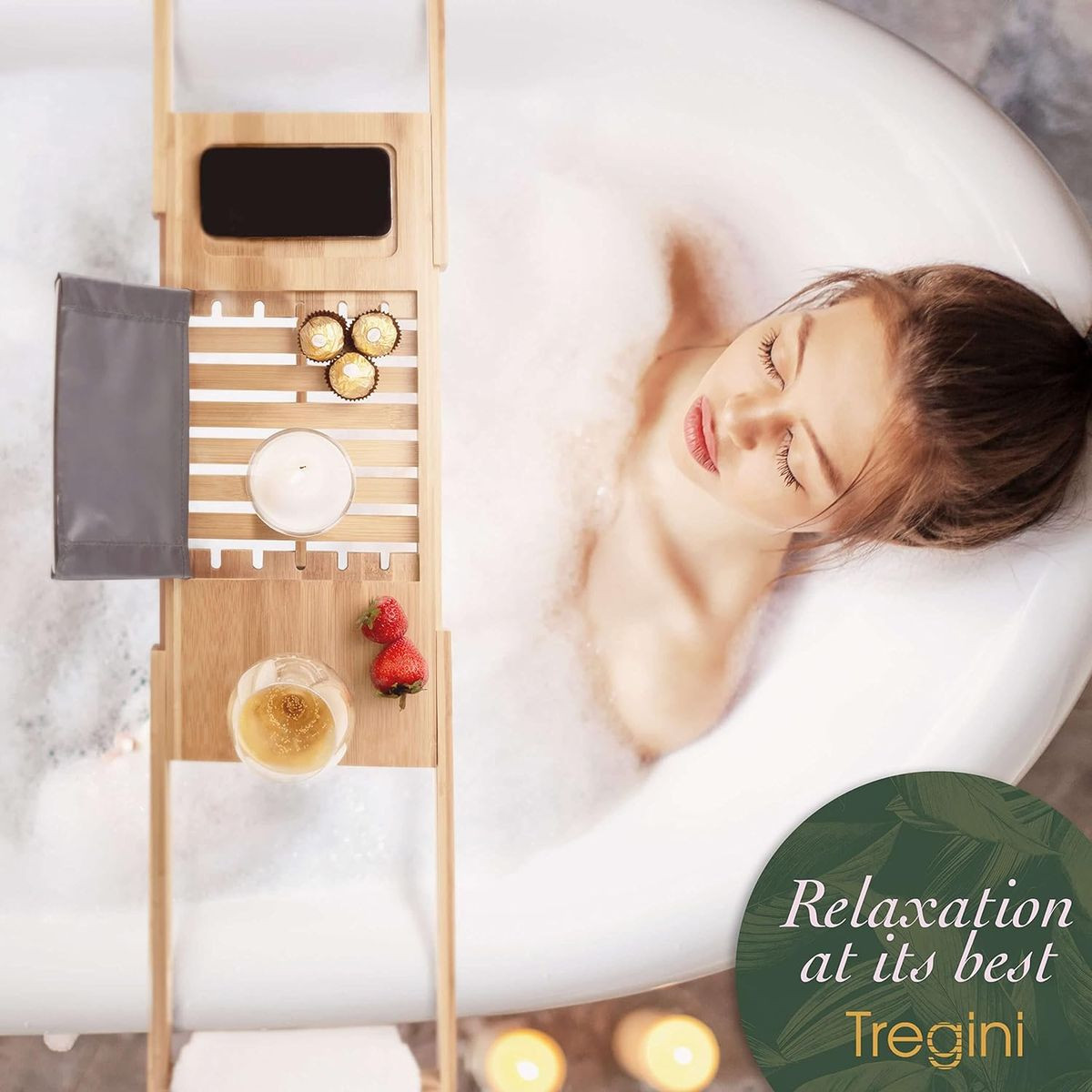 Tregini Luxury Bathtub Adjustable Bamboo Wood Tray product image
