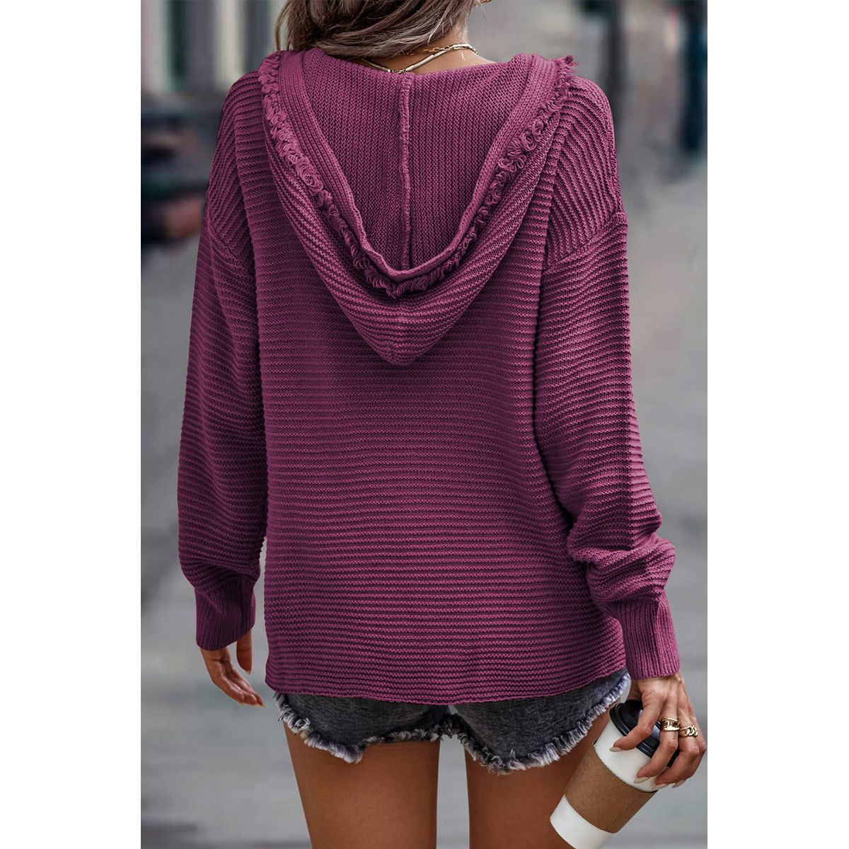 Collins V Neck Ribbed Drop Shoulder Hooded Sweater product image