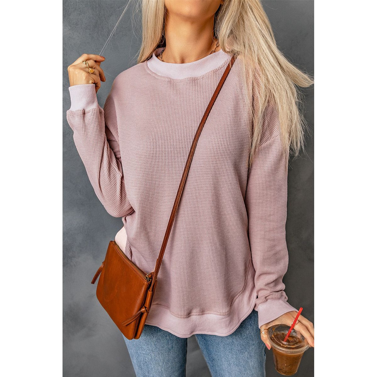 Isabelle Crew Neck Ribbed Trim Waffle Knit Top product image