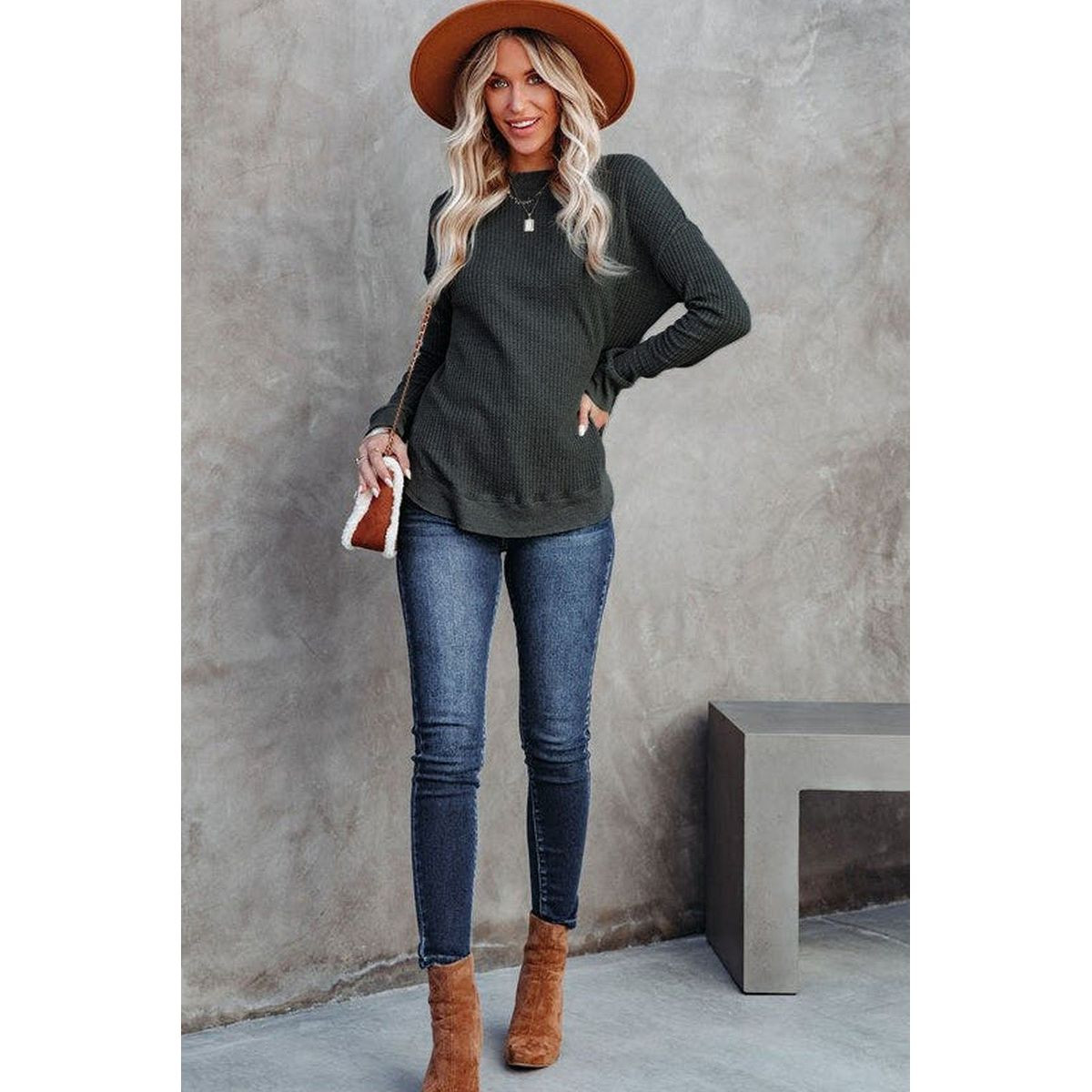 Isabelle Crew Neck Ribbed Trim Waffle Knit Top product image