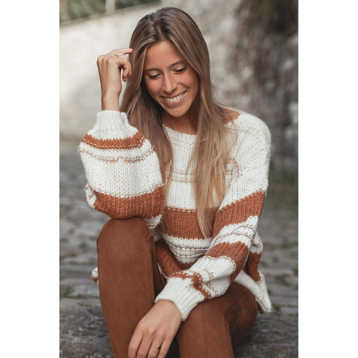 Maggie Striped Knit Puff Sleeve Casual Sweater product image