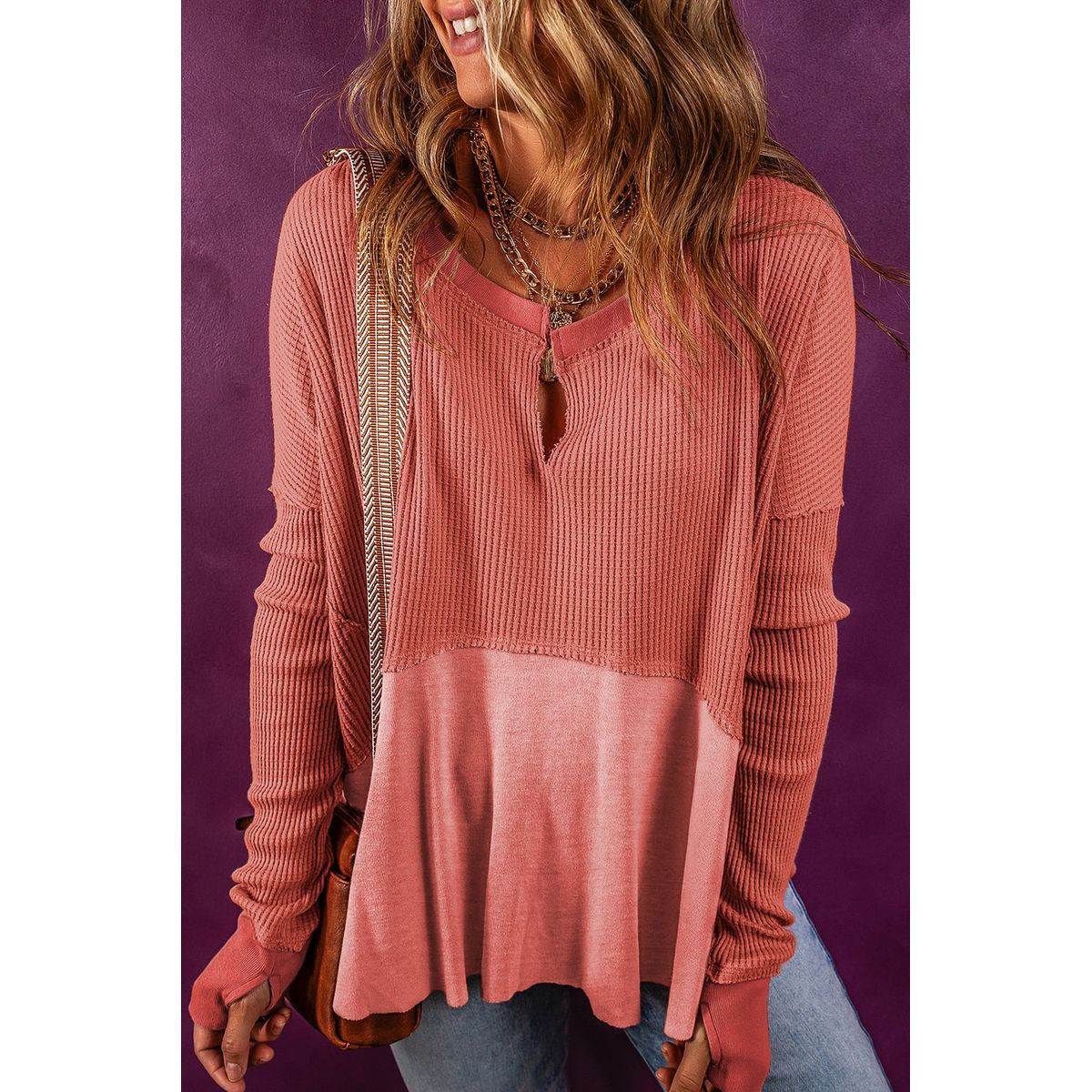 Giselle Exposed-Seam Waffle-Knit Patchwork Top product image