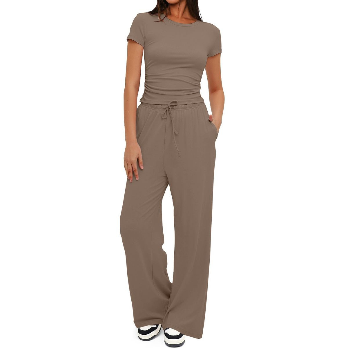  Women's Ruched Short Sleeve Top and Wide Leg Pants (2 Piece Set) product image