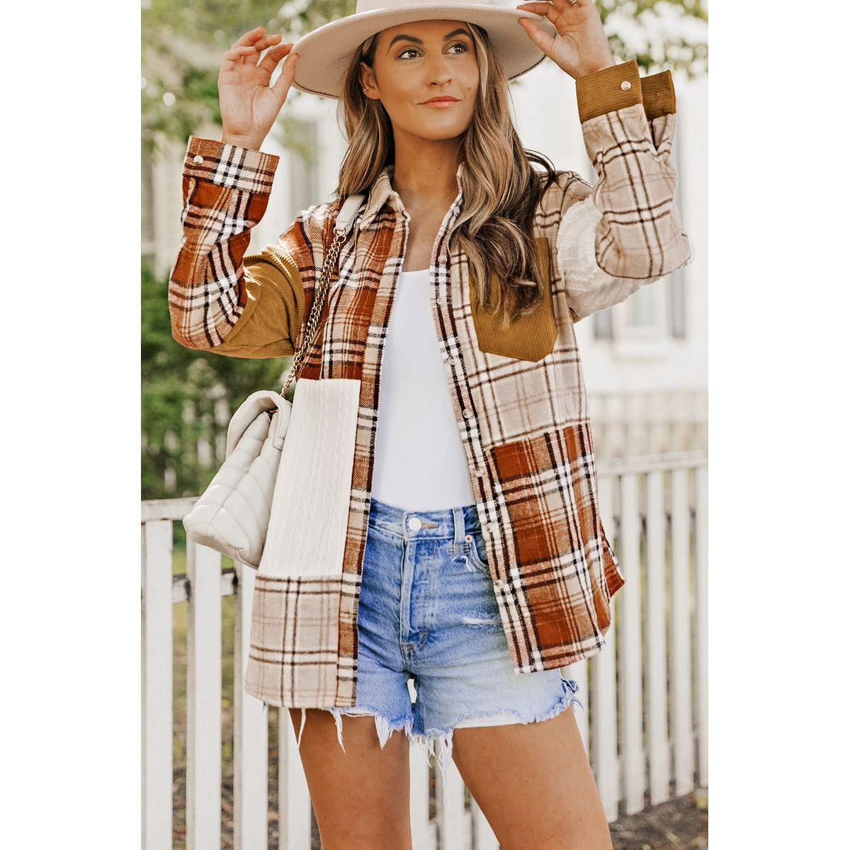 Sutton Plaid Color Block Patchwork Shirt Jacket with Pocket product image