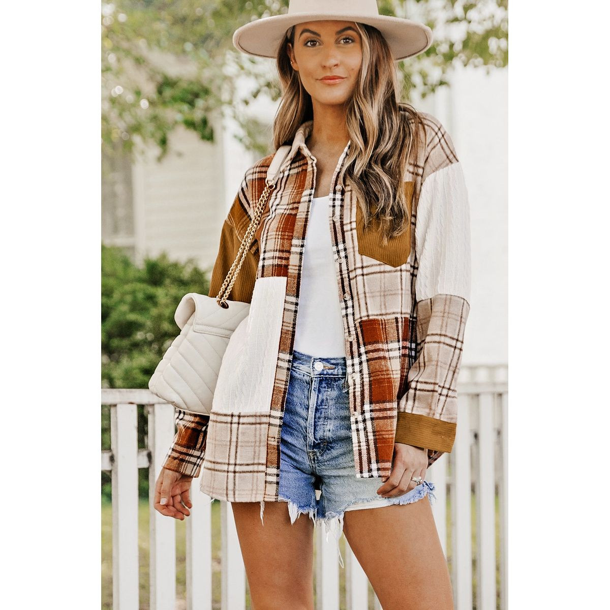 Sutton Plaid Color Block Patchwork Shirt Jacket with Pocket product image