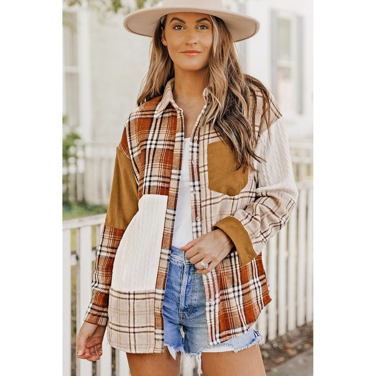 Sutton Plaid Color Block Patchwork Shirt Jacket with Pocket product image