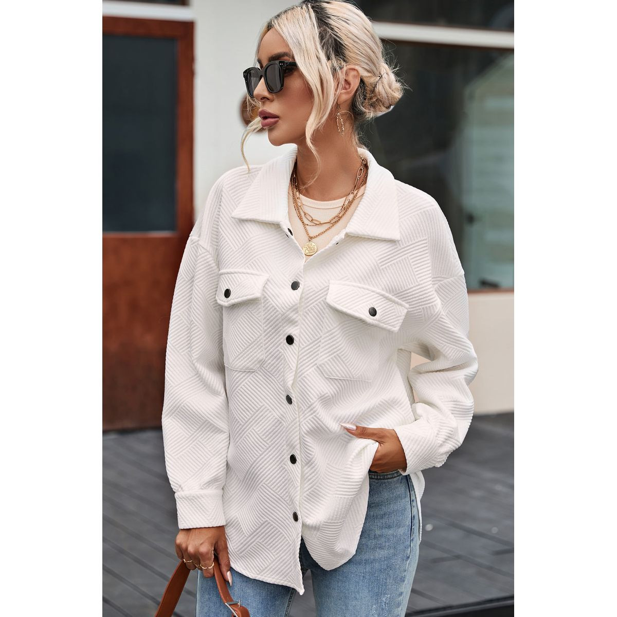 Rosalie Textured Flap Pocket Buttoned Shacket product image