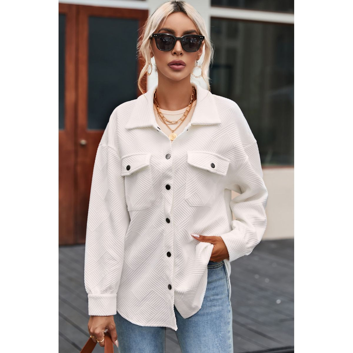 Rosalie Textured Flap Pocket Buttoned Shacket product image