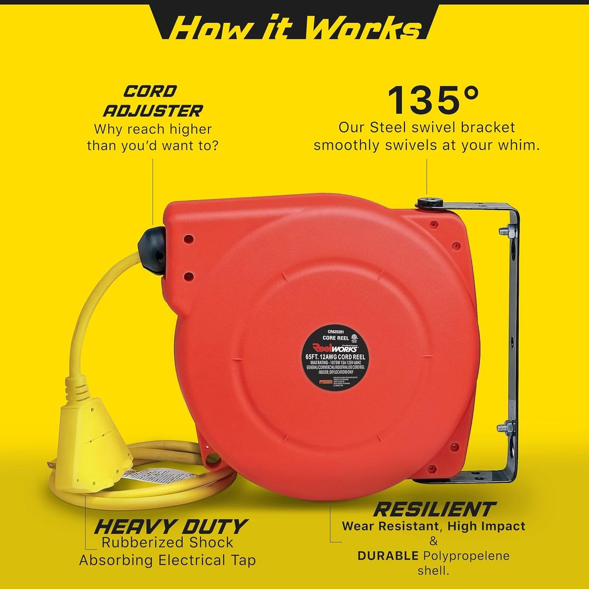 ReelWorks 12 AWG x 65' 15A Grounded Outlets Extension Cord Reel product image